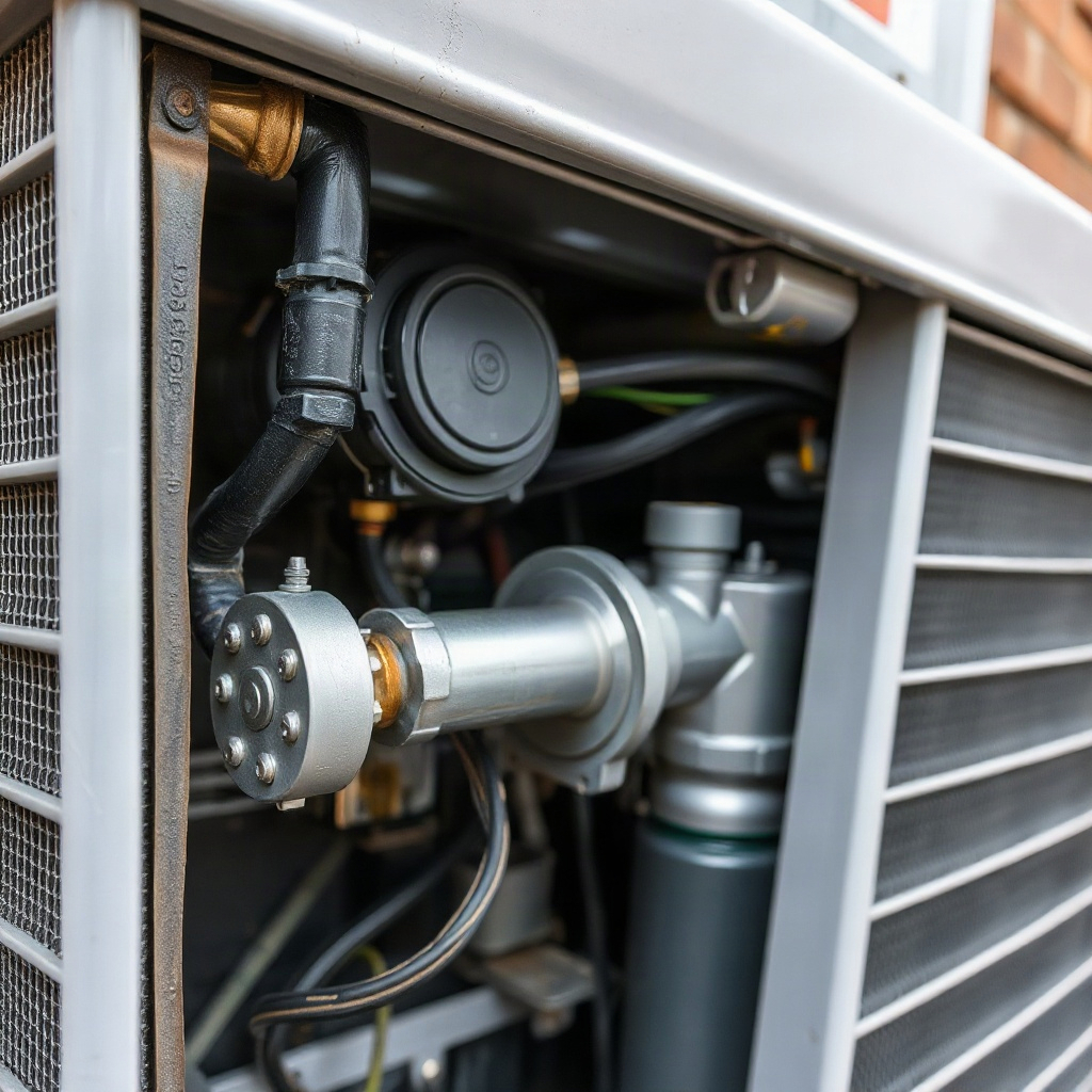 Close up of an AC condenser showing the compressor unit with electrical connections and nearby capacitor component