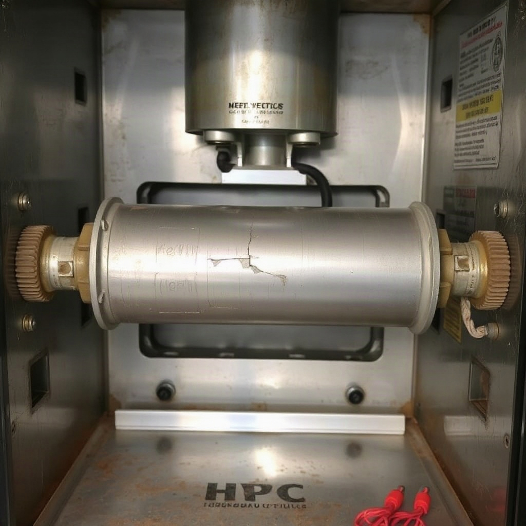 Interior view of an open furnace showing the metal heat exchanger component with visible cracks or separation