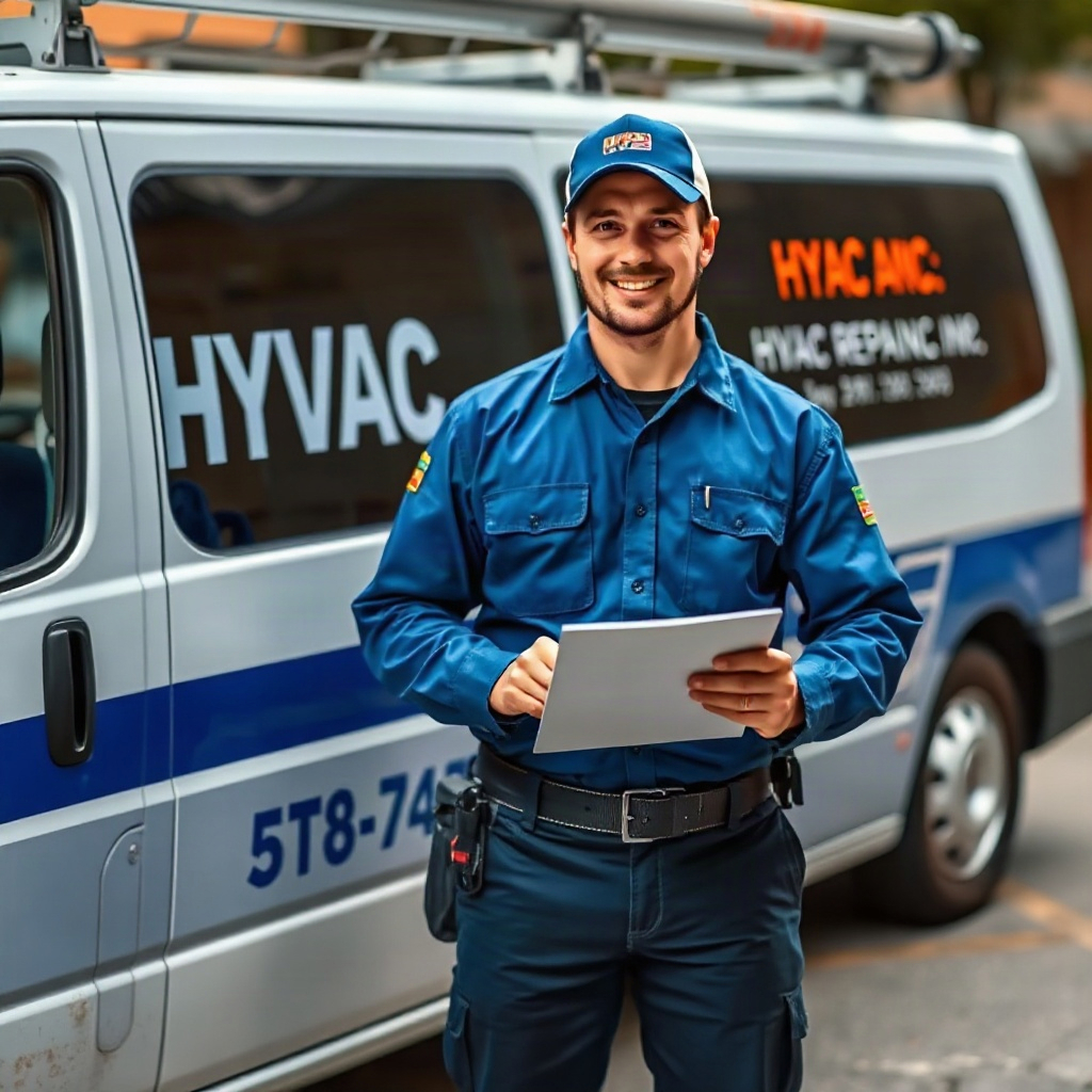 HVAC technician in uniform holding clipboard and standing beside service van with company logo visible