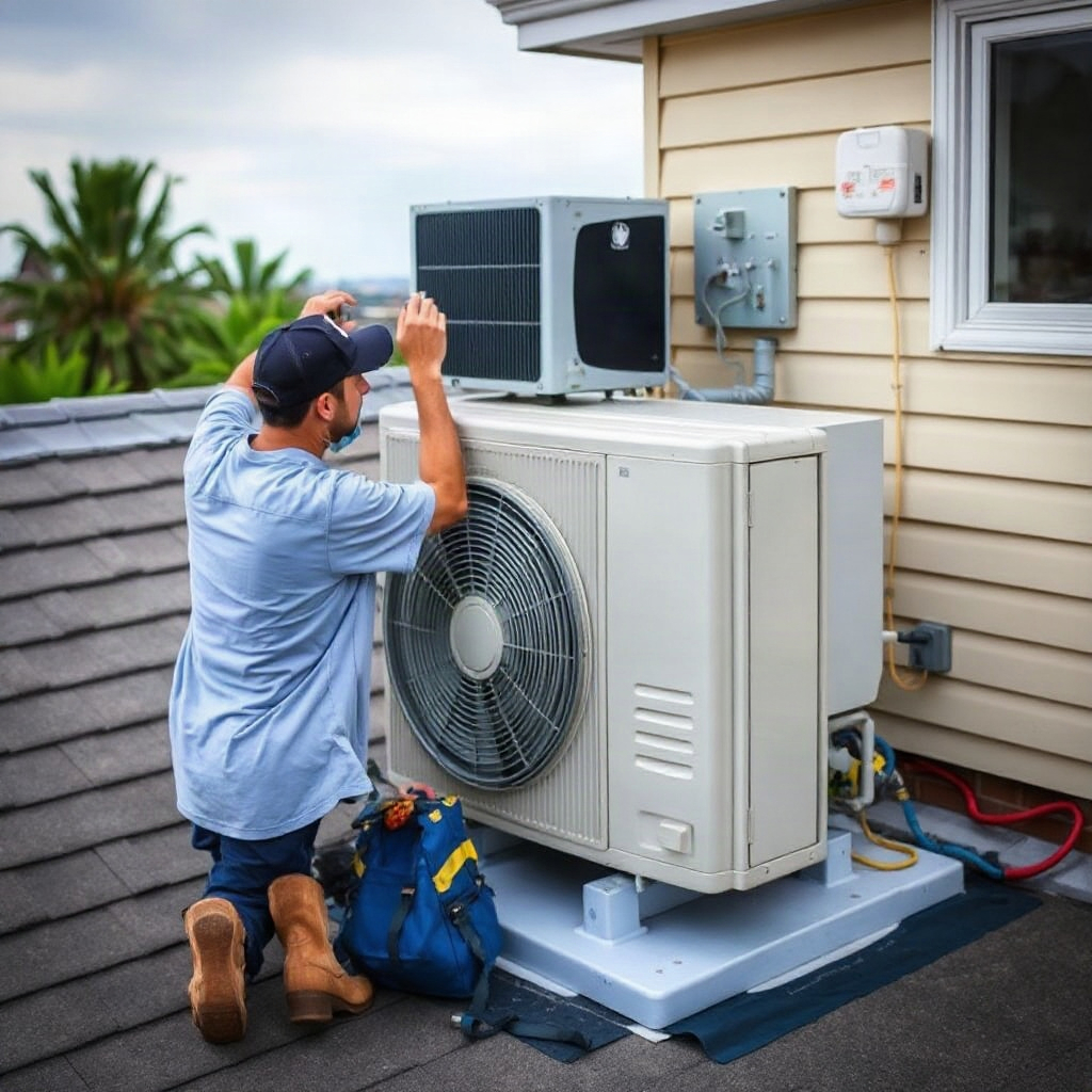 Two technicians installing a new outdoor AC condenser unit on a residential roof or foundation pad