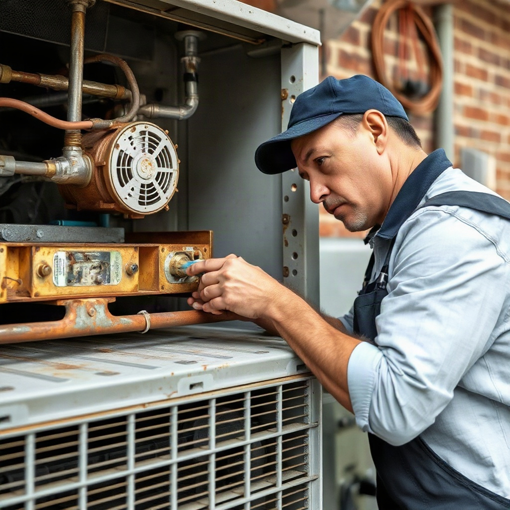 Technician working on an outdoor AC condenser with visible rust and corrosion on older metal components