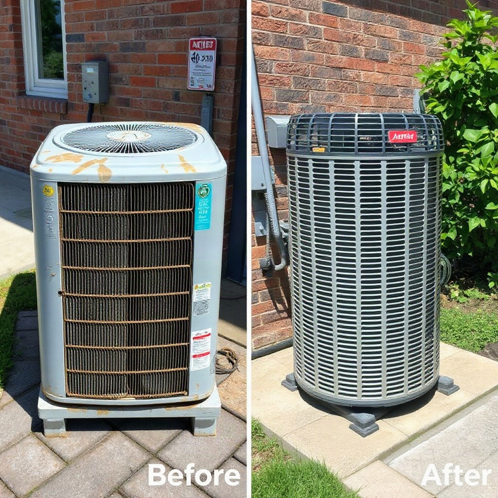 Side by side comparison photo showing an old weathered AC condenser next to a new shiny one