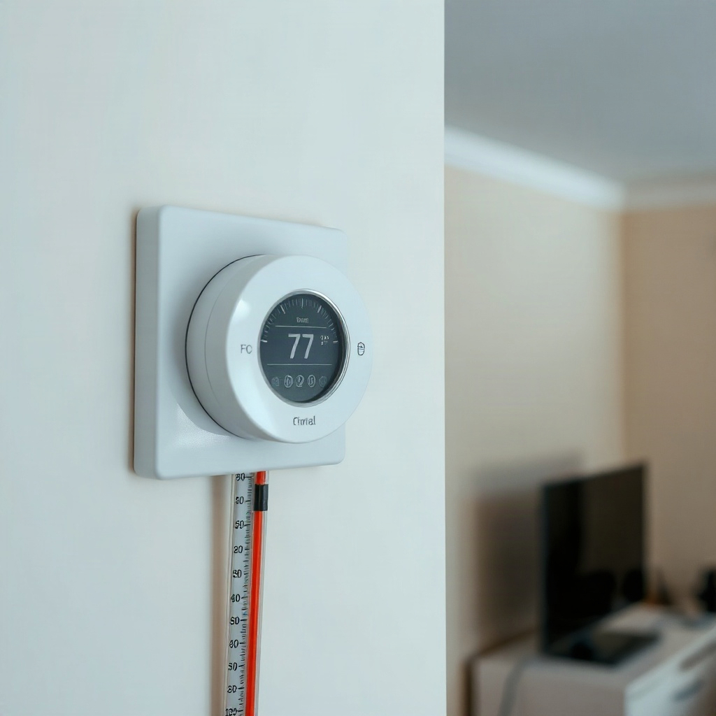 Interior room view showing a wall mounted thermostat with a thermometer next to it showing different readings
